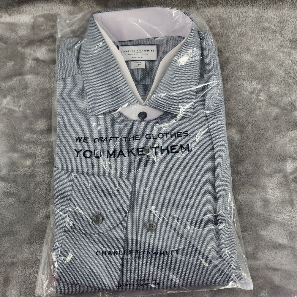 Charles Tyrwhitt Men's 17/35 in Classic Fit Steel Blue Chevron Stretch Fit Shirt